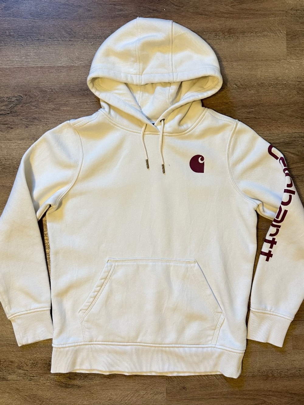 Carhartt Hoodie Sweatshirt Mens Medium Cream Maroon Long Sleeve